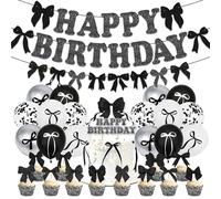 32pcs Black Bowknot Birthday Decorations for Girls Home Bowknot Party Balloons,Happy Birthday Banner Bunting,Cake Toppers,Hanging Bunting for Her Baby Shower Wedding Coquette Theme Party Supplies
