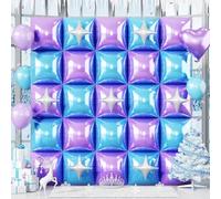 32PCS Blue and Purple Square Foil Balloons Wall with Star Foil Balloon, Double Sided Frozen Snowflake Light Purple Blue Balloon Backdrop Tunnel Arch Kit for Winter Birthdays Mermaid Theme Magic Decor