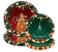 32Pcs Christmas Paper Plate Disposable Tableware Set, Red Green Gold Christmas Tree Snowflake Bells Dinnerware Plates Merry Christmas Dessert Plate for Winter Holiday Party Dinner Decoration