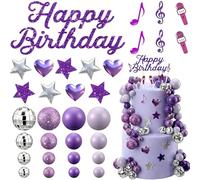 32Pcs Disco Music Cake Topper Set, Purple & Silver Birthday Cake Decorations with Happy Birthday Sign, Disco Balls, Musical Notes, Stars and Hearts, Cake Decor for Disco Themed Parties