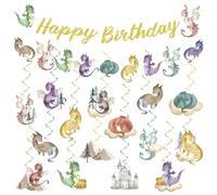 32Pcs Dragon Birthday Party Decorations Watercolor Magic Dragon Banner Hanging Swirl Fantasy Birthday Party Supplies Dinosaur Baby Shower Cutout Banner for Kids Decor