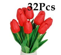 32Pcs Fake Tulips Red Realistic Flowers Real Touch Pu Artificial Tulips With Stems Light Yellow Fake Spring Flowers For Home