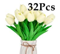 32Pcs Fake Tulips Yellow Realistic Flowers Real Touch Pu Artificial Tulips With Stems Light Yellow Fake Spring Flowers For Home