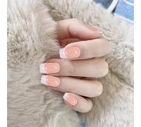 32Pcs French False Nails, Press On Self-Adhesive Stickers,Full Cover Square Fake Nails with Nude French Tip Design for Women Girls (Pink)
