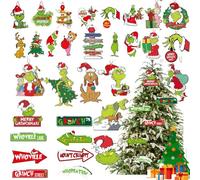 32pcs Grinchs Ornaments for Christmas Tree, Grinchs Tree Decor, Whoville Christmas Decorations Paper Hanging Ornaments for Winter Xmas Party Favor Supplies