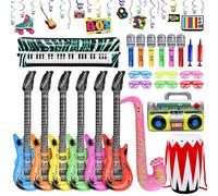 32Pcs Inflatable Instruments Accessories Set,Neon Inflatable Party Prop Inflatable Guitar Microphones Piano Drum Boom Box Saxophone Hanging Swirls,Inflatable Rock Star Toy 80s for Party Kids Adults