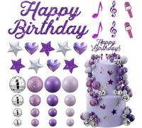 32Pcs Ins Cake Decorations Purple Disco Ball Cake Topper Music Note Mic Star Heart Glitter Decor For Themed Birthday Party