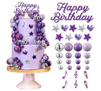 32Pcs Kpop Birthday Cake Topper Set, Purple Disco Balls & Music Note Decorations for Singer Theme Party Supplies, Glittery Happy Birthday Sign
