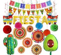 32pcs Mexican Party Decorations, Fiesta Party Decor Crepe Paper Streamer Mexica Themed Paper Fans Pom Poms Flowers for Mexican Fiesta Cinco De Mayo Supplies