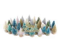 32pcs Mini Artificial Christmas Tree with Merry Christmas Sign Bottle Brush Trees Desktop Ornaments for Art Projects,Miniature Xmas Tree to Making DIY Snow Globes, Xmas Cake and Gifts
