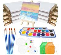 32Pcs Mini Canvas and Easel Set, XingyLi 8 Small Canvas Art Boards with 8 Artist Triangle Easels, 8 Paint Brushes, 4 Paint Palette, 2 Painting Apron and 2 Watercolour Paint, Canvas Painting Stand Kit