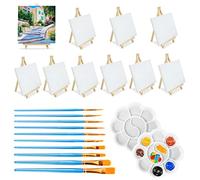 32Pcs Mini Easels with Art Canvas, BOJVESH 10 Small Artist Triangle Easels with 10 Canvas, 10 Paint Brushes and 2 Paint Palette, Canvas Painting Stand Kit for Party Drawing