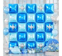 32PCS Navy Blue Light Blue Square Foil Balloons Wall with Silver Star Foil Balloon, Double Sided Metallic Blue Silver Balloon Backdrop Tunnel Arch for Under the Sea Ocean Birthday Graduate Baby Shower