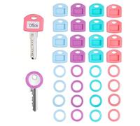 32PCS Silicone Key Covers and Labels Set, 2.5cm Soft Stretchy Key Identifier Caps for Easy Identification & Protection of Standard House Office Filing Cabinet Keys, 4 Colors with Blank Tags