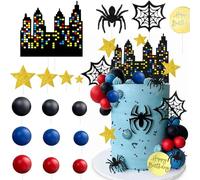 32Pcs Spider Cake Topper Spider Birthday Party Favors Supplies Decorations with Spider Web Stars Blue Red Black Balls Topper for Spider Hero Themed Birthday Anniversary Party