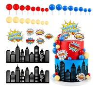 32Pcs Super Hero Birthday Cake Toppers City Silhouette Cake Wrapper Balls Cake Ornament for Kids Boom Birthday Cake Decorations Super Hero Party Supplies