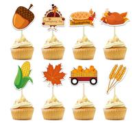 32Pcs Thanksgiving Cupcake Toppers, Assembled Fall Cupcake Toppers Food Decorations Give Thanks Cake Topper for Thanksgiving Day Fall Party Turkey Maple FatTonny Acorn Decoration Supplies