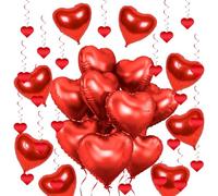 32Pcs Valentines Decorations Kits, 20Pcs 18Inch Red Heart Balloons Set with 12Pcs Heart Hanging Swirl Streamer, for Anniversary Party Valentines Balloons Decor