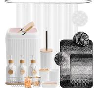 32PCS White Bathroom Accessories Set with Shower Curtain,Rugs,Trash Can,3PCS Lotion Soap Dispenser, Toothbrush Holder, Soap Dish,Tumbler Cup,6PCS Wood Tags Bath Accessories with Tray for Bathroom