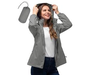 33,000ft Women's Lightweight Rain Jackets Hooded Breathable Packable Running Raincoats Active Trench Windbreaker with Hideaway Hood for Cycling Hiking (Light Grey-S/UK 10)