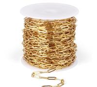 [33 Ft] Stainless Steel Paperclip Chains Roll, 3mm Width 18K Gold PVD Plated Stainless Steel Oval Link Chains Spool Bulk for Jewelry Making