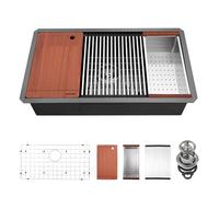 33-inch Black Undermount Kitchen Sink Workstation, SINKVINE 33x19 Large Outdoor Prep Sink, PVD Nano Stainless Steel Single Bowl w/Wood Cutting Board, SST Colander, and Roll-up Dish Drying, Dark Gray
