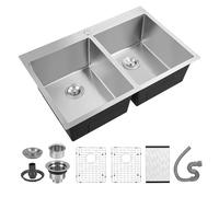33 Inch T304 Stainless Steel Double Bowl Kitchen Sink, 16 Gauge 50/50 Split Undermount & Topmount Workstation Sink, R10 Radius Deep Brushed Basin with Cutting Board Full Accessory Kit