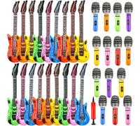 33 Pack Inflatable Rock Star Toy Set include 15 Pcs Blow up Microphone 18 Pcs Inflatable Guitar Bulks and 1 Pcs Red Air Pump for Kids Birthday Party Decoration 80s 90s Musical Party Favors