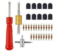 33 Pcs Car Tyre Valve Removal Tool Set, Tyre Valve Repair Kit, Dual & Single Head Valve Core Remover, 4-Way Valve Tool, 10 Pcs Tire Valve Caps, 20Pcs Valve Cores, Fit for Car Bicycle Auto