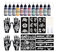 33 Pcs Temporary Tattoo Kit, 12 Bottles Ink in 11 Colors, Colorful Temporary Tattoo Ink with 18 Big Pcs Stencils, Achieve Vivid Fake Tattoos in for Adults/Kids, Easy to Use, Stay 3-5 Days