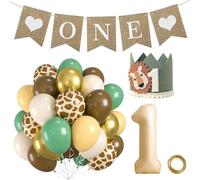 33 PCS Wild One Birthday Decorations Set, Cute 1St Birthday Decorations for Boys with A Pull Flag Safari Balloons and a Dark Green Hat, Suitable for Boys Girls Baby