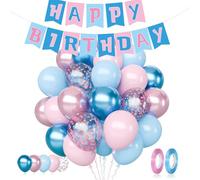 33-Piece 12In Pink and Blue Balloons Set, Stitch Birthday Decorations, Pastel Pink Blue Confetti Balloons and Happy Birthday Banner for Gender Reveal Baby Shower Wedding Bridal Shower Party