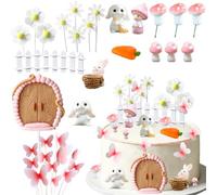 33 Pieces Mushroom Rabbit Cake Decorating Kit Cute Bunny Cake Toppers Mushrooms Rabbits Butterflies Flowers Decoration Ideal for Animal Birthday Party Decoration