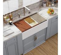 33 White Farmhouse Sink Reversible Workstation, Hugsl arm Apron Front Kitchen Sink 33x20 inch White Porcelain Ceramic Fireclay Farmer Sinks Undermount Single Bowl Under Counter Basin Accessories