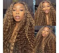33 x 15 cm Ombre Blonde Mongolian Curly Lace Front Wig Real Hair Brown Blonde Highlight HD Transparent Wig with Baby Hair Honey Blonde Deep Curly Wigs Real Hair 200% Density 18 Inches