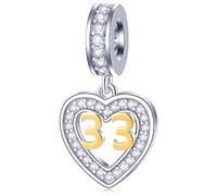 33 Years Old Anniversary Charms fit Pandora Leather Bracelet, 18K Gold Number 33 Dangle, 925 Sterling Silver 33rd Birthday Heart Pendant Beads with CZ, Gifts for Married Couple/Happy Bday