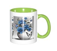 330ml Ceramic Tea Coffee Mug with Exquisite Fade-Resistant Gray Teal Flower Butterfly Prints Perfect for Coffee,Tea,Latte,Hot Cocoa