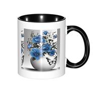330ml Ceramic Tea Coffee Mug with Exquisite Fade-Resistant Gray Teal Flower Butterfly Prints Perfect for Coffee,Tea,Latte,Hot Cocoa