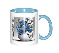 330ml Ceramic Tea Coffee Mug with Exquisite Fade-Resistant Gray Teal Flower Butterfly Prints Perfect for Coffee,Tea,Latte,Hot Cocoa