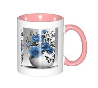 330ml Ceramic Tea Coffee Mug with Exquisite Fade-Resistant Gray Teal Flower Butterfly Prints Perfect for Coffee,Tea,Latte,Hot Cocoa