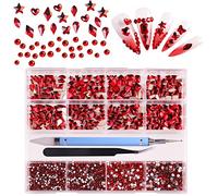 3320Pcs Red Nail Art Rhinestones Crystal,HOINCO 3D Rhinestones Gems Jewels Diamond,24 Types of 320 Diamonds + 3000 Round Beads, Crystals 3D Flat Back Gemstones for Nail DIY Crafts with Tweezers Pen