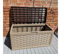 335 Litre Dark Brown Rattan Effect Garden Storage Box with Sit on Lid