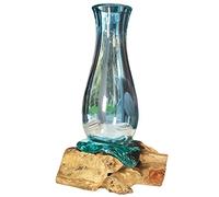 33cm Molten Glass Vase On Driftwood Stand Hand Carved Blown Flower Holder Large