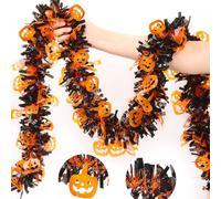 33FT Halloween Tinsel Garland with Orange Pumpkin Ornament, Shiny Metallic Twist Garland Outdoor Indoor Halloween Decorations for Home Table Office Classroom Fireplace Mantle Party Decor