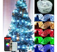 33ft Smart Christmas Tree Ribbon String Lights, 80 Modes Colors Changing Ribbon Light for Christmas Tree, APP & Remote Control, Sync Musical, Timer, USB (Silver with Multicolor)