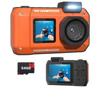 33FT Waterproof Camera 4K 65MP Underwater Camera Rugged Dustproof Shockproof with 64G Card, Underwater Camera for Snorkeling Autofocus Selfie Dual-Screen Diving Sport Floatable Digital Camera