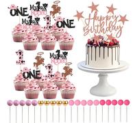 33Pcs Cupcake Toppers, Cake Decorations, Happy Birthday Cupcake Toppers, Pink Cake Decorations, Glitter Ball Cake Picks, Birthday Decor, Food-Safe Topper Sticks for Wedding Anniversary Baby Shower