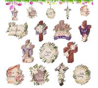 33pcs Easter Wooden Hanging Decorations with Hemp Ropes, Christian Cross He Is Risen Religious Easter Ornaments, Spring Flower Wood Happy Easter Decor for Tree Home Party Classroom