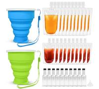 33Pcs Festival Travel Pack, 10Pcs Drink Pouches 500ml, 10Pcs Drink Pouches 250ml, 10Pcs Plastic Bottles 50ml, 2 Collapsable Cups, 1 Funnel, Reusable Alcohol Juice Containers Reusable Silicon Cups