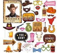 33pcs Western Cowboy Cowgirl Photo Booth Props, Wild West Themed Party Decoration, Texas Theme Props with Wanted Sign for Country Party, Cowgirl Bachelorette Party, Rustic Party, Cowboy Party Supplies